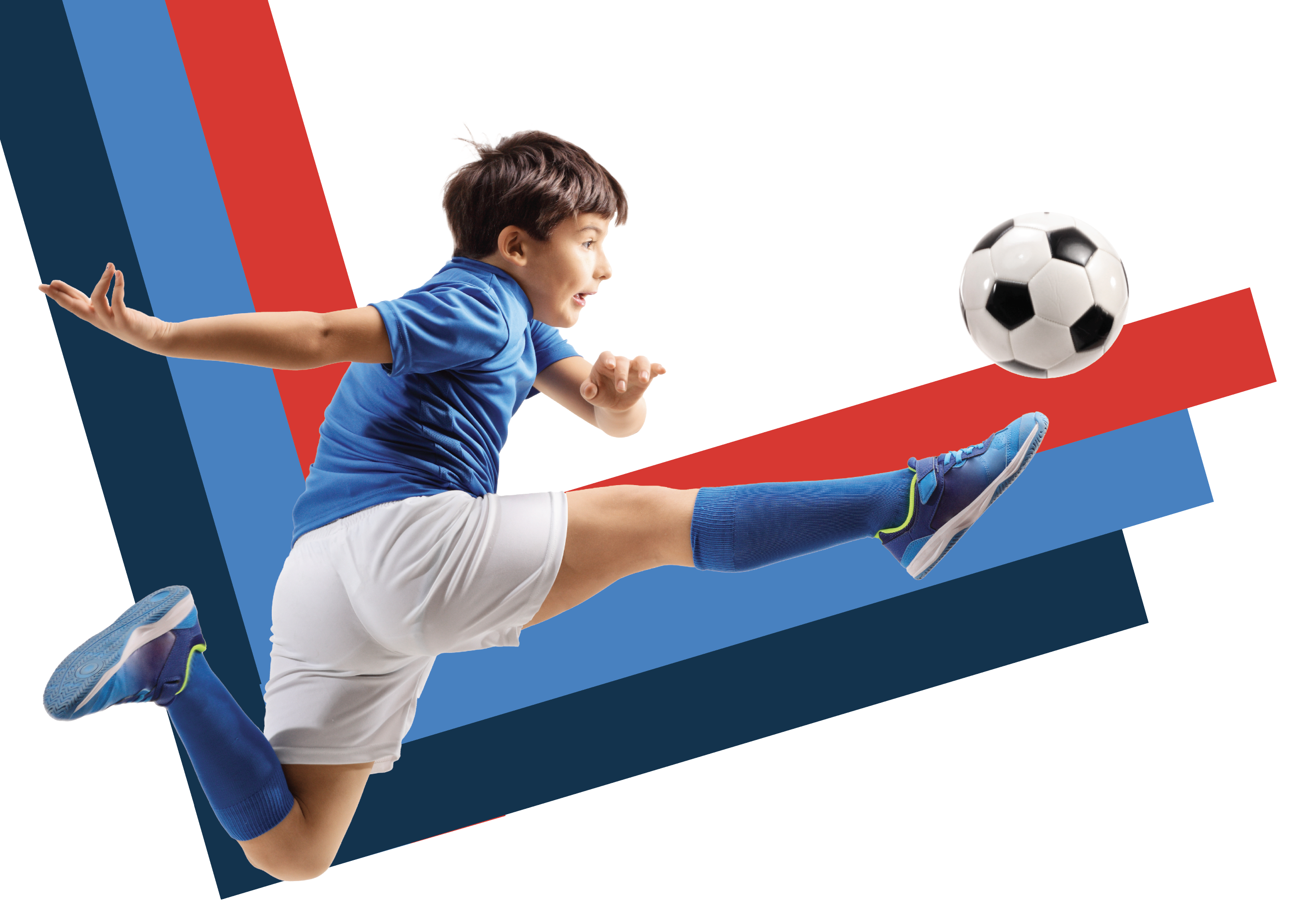 young boy in soccer uniform kicking a football (futbol) on a striped background